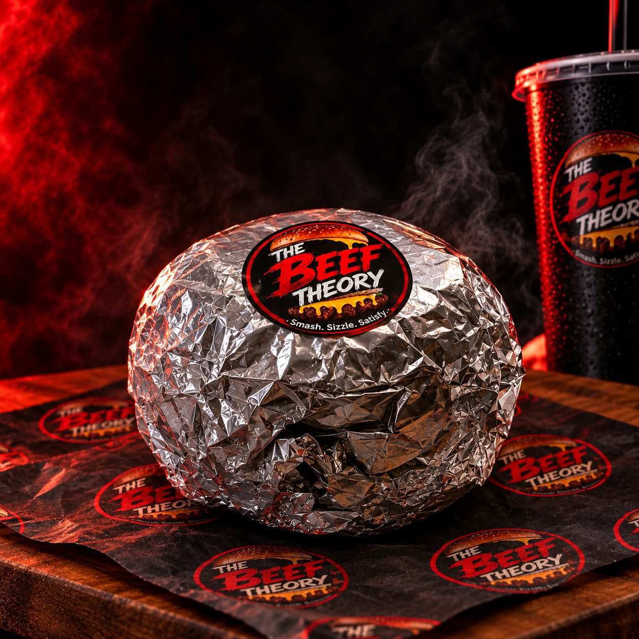 The Beef Theory burger wrapped in foil, ready for delivery